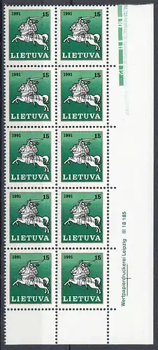 Litauen - Lithuania Mi 473 ** MNH 1991 Block of 10 - Litauischer Reiter   (31258