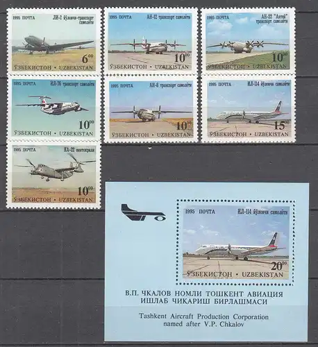 USBEKISTAN - UZBEKISTAN 1995 Mi.77-83 + Block 8 Flugzeuge ** MNH    (31263