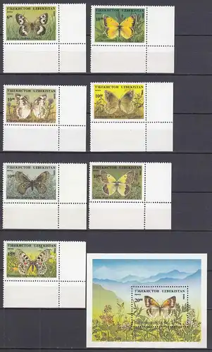 USBEKISTAN - UZBEKISTAN 1995 Mi.85-91 + Block 9 Schmetterlinge ** MNH ER  (31265