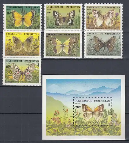 USBEKISTAN - UZBEKISTAN 1995 Mi.85-91 + Block 9 Schmetterlinge ** MNH   (31266