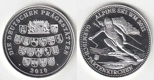 Medaille Alpine Ski WM 2011 Garmisch RS Deutsche Prägestätten Ø 32 mm Gew 10,5 g