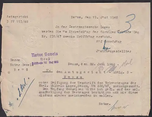 Neuss 1948 Alliierte Sesetzung Gerichtsbrief Ortsbrief Notarbrief   (23545