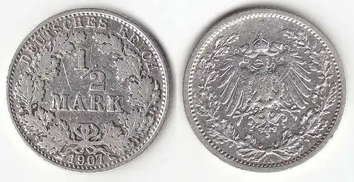 1/2 Mark Kaiserreich EMPIRE 1907 A Silber Jäger 16    (31406
