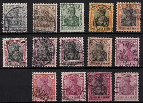 Deutsches Reich Lot 14 Stück Germania Marken gestempelt   (24414