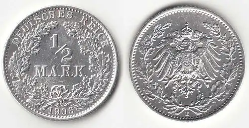 1/2 Mark Kaiserreich EMPIRE 1906 E Silber Jäger 16    (31408