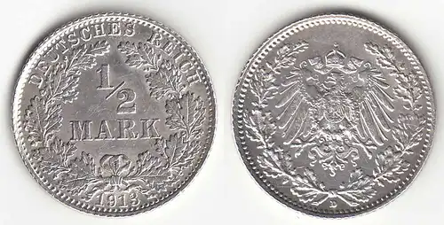 1/2 Mark Kaiserreich EMPIRE 1913 D Silber Jäger 16    (31415