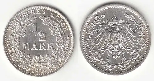 1/2 Mark Kaiserreich EMPIRE 1914 A Silber Jäger 16    (31418
