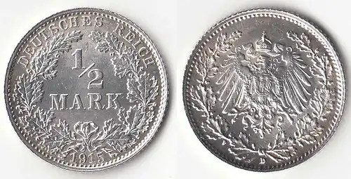 1/2 Mark Kaiserreich EMPIRE 1915 D Silber Jäger 16    (31430
