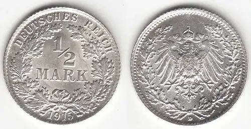 1/2 Mark Kaiserreich EMPIRE 1915 D Silber Jäger 16    (31433