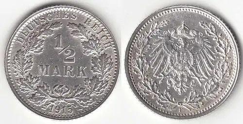 1/2 Mark Kaiserreich EMPIRE 1915 F Silber Jäger 16    (31437