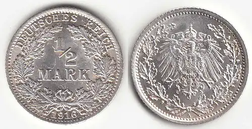 1/2 Mark Kaiserreich EMPIRE 1916 A Silber Jäger 16    (31439