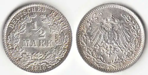 1/2 Mark Kaiserreich EMPIRE 1916 A Silber Jäger 16    (31440