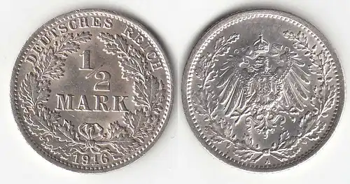 1/2 Mark Kaiserreich EMPIRE 1916 A Silber Jäger 16    (31442
