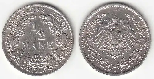 1/2 Mark Kaiserreich EMPIRE 1916 A Silber Jäger 16    (31443