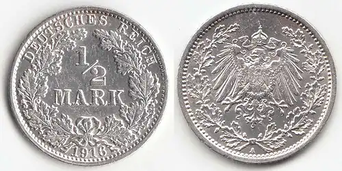 1/2 Mark Kaiserreich EMPIRE 1916 A Silber Jäger 16    (31444
