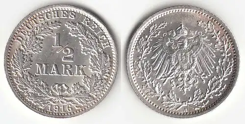 1/2 Mark Kaiserreich EMPIRE 1916 A Silber Jäger 16    (31445