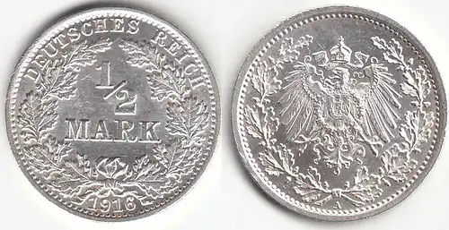1/2 Mark Kaiserreich EMPIRE 1916 A Silber Jäger 16    (31446