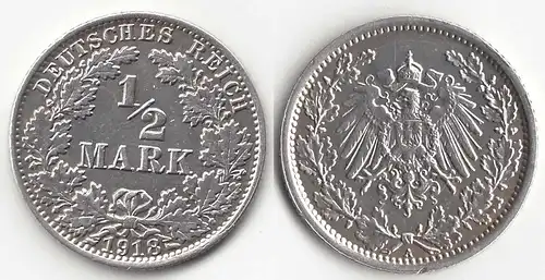 1/2 Mark Kaiserreich EMPIRE 1918 A Silber Jäger 16    (31447