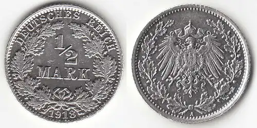 1/2 Mark Kaiserreich EMPIRE 1918 A Silber Jäger 16    (31448