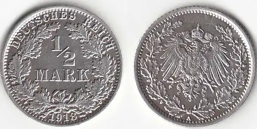 1/2 Mark Kaiserreich EMPIRE 1918 A Silber Jäger 16    (31449