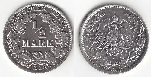 1/2 Mark Kaiserreich EMPIRE 1918 A Silber Jäger 16    (31450