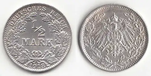 1/2 Mark Kaiserreich EMPIRE 1918 A Silber Jäger 16    (31451