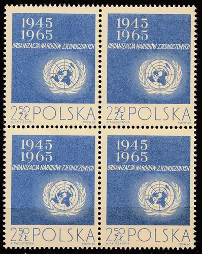 Polen – Poland 1965 Mi. 1631 – 4er Block 20 Jahre UNO United Nations ** MNH