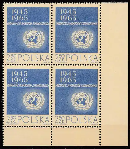 Polen – Poland 1965 Mi. 1631 – ER 4er Block 20 Jahre UNO United Nations ** MNH