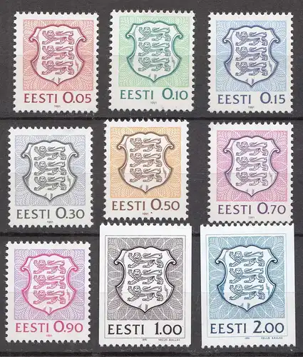 Estland – Estonia 1991 Mi. 165-73 Freimarken Satz Staatswappen ** MNH   (70038