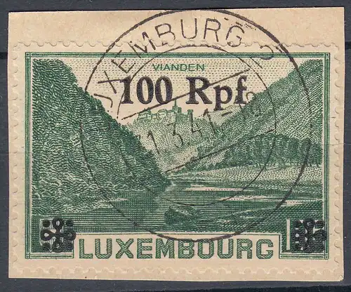 Deutsche Besetzung Luxemburg 100 Rpf. auf 10 Fr. 1940 Mi. 32 Brfstck. used