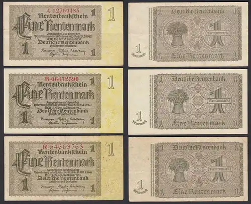 Rentenbankschein 3 Stück á 1 Mark 1937 Ro 166b Pick 173 VF-aUNC versch.Serien