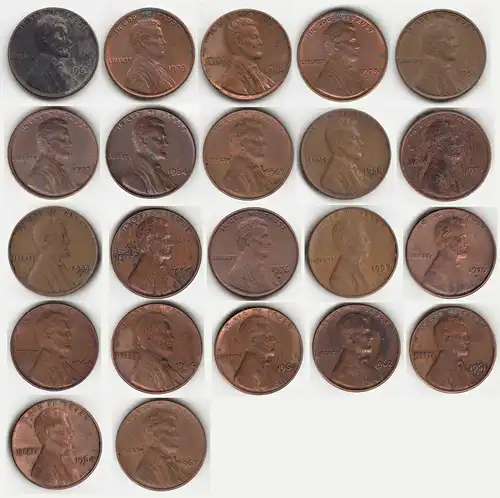 USA - 22 Stück á 1 Cent Münzen Abraham Lincoln diverse Jahrgänge siehe Foto