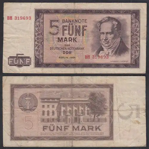 Ro 354a - 5 Mark DDR Banknote 1964 F- (4-) Serie BH Rosenberg nicht bekannt 