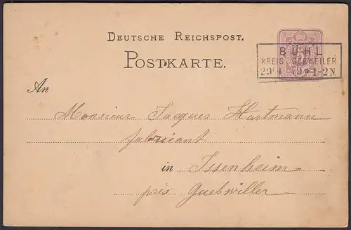 1879 BÜHL Kreis Gebweiler R3 nach Issenheim 5 Pfg. Ganzsachenkarte Elsass (31463