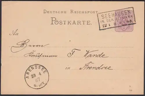 1887 SEEHAUSEN IN DER ALTMARK R3 5 Pfg. Ganzsachenkarte nach Arendsee   (31466