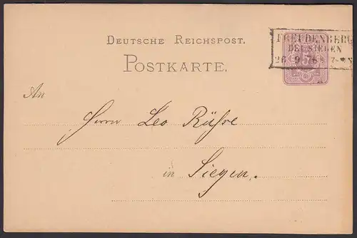 1876 FREUDENBERG BEI SIEGEN R3 5 Pfennige Ganzsachenkarte nach Siegen  (31471