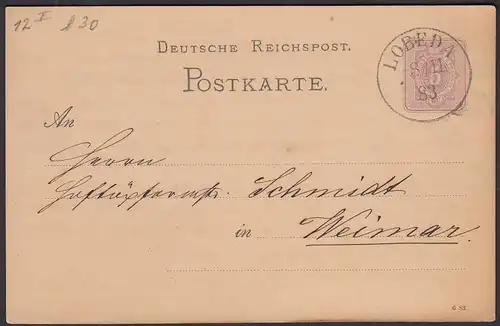 1883 LOBEDA K1 5 Pfennig Ganzsachenkarte nach WEIMAR  (31474