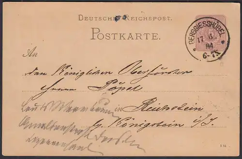 1884 BERGGIESSHÜBEL K1 5 Pfennig Ganzsachenkarte nach REICHSTEIN   (31475