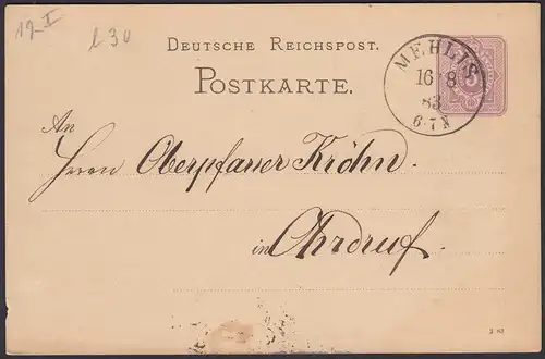 1883 MEHLIS K1 5 Pfennig Ganzsachenkarte nach OHRDRUF   (31476