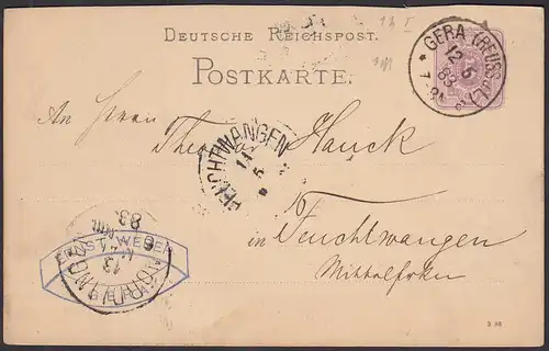 1883 GERA REUSS J.L. K1 5 Pfennig Ganzsachenkarte nach FEUCHTWANGEN   (31478