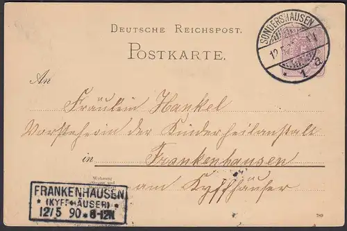 1883 SONDERSHAUSEN K2 5 Pfennig Ganzsachenkarte nach FRANKENHAUSEN   (31479