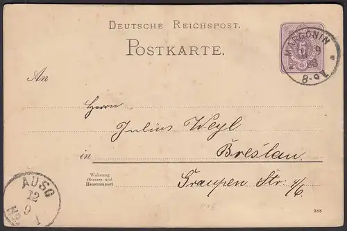 1888 MARGONIN K1 5 Pfennig Ganzsachenkarte nach BRESLAU   (31480
