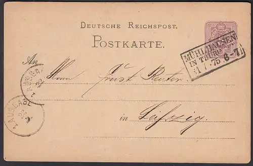 1875 MÜHLHAUSEN IN THÜRINGEN R3 5 PFENNIGE Ganzsachenkarte n. LEIPZIG   (31483
