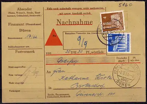 Birkesdorf über Düren Behörden Nachnahme 1950     (6148