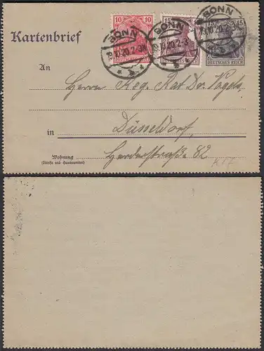 Kartenbrief 1920 Ganzsache K17 Germania 15 Pfg. mit Zusatzfrankatur Bonn  (31486