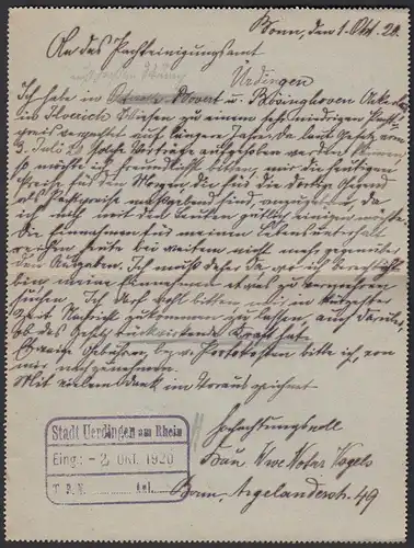 Kartenbrief 1920 Ganzsache K17 15 Pfg. m.Zusatzfrankatur Bonn - Ürdingen  (31487
