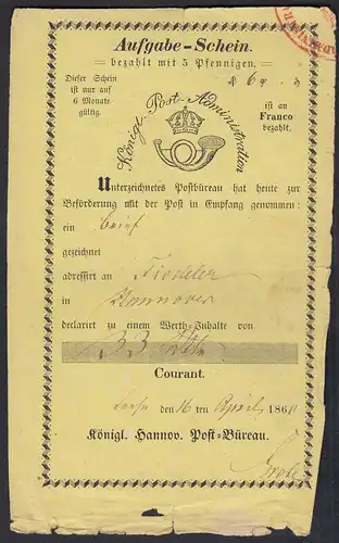 1860 Hannover Königliche Post Aufgabe-Schein    (23103