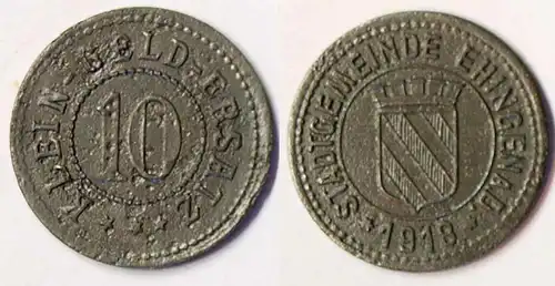 Germany - Ehingen City 10 Pfennig Notgeld 1918 war money zinc    (r1022