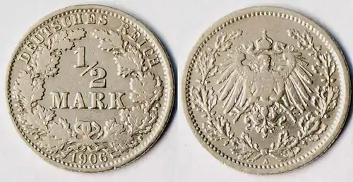 1/2 Mark Kaiserreich EMPIRE 1906 A Silber Jäger 16    (r1281