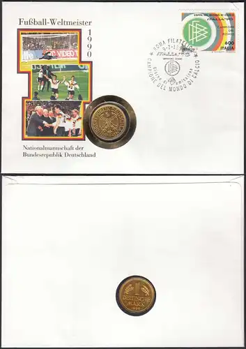 Numisbrief Deutschland Fussball Weltmeister 1990 mit 1 DM vergoldet  (31494